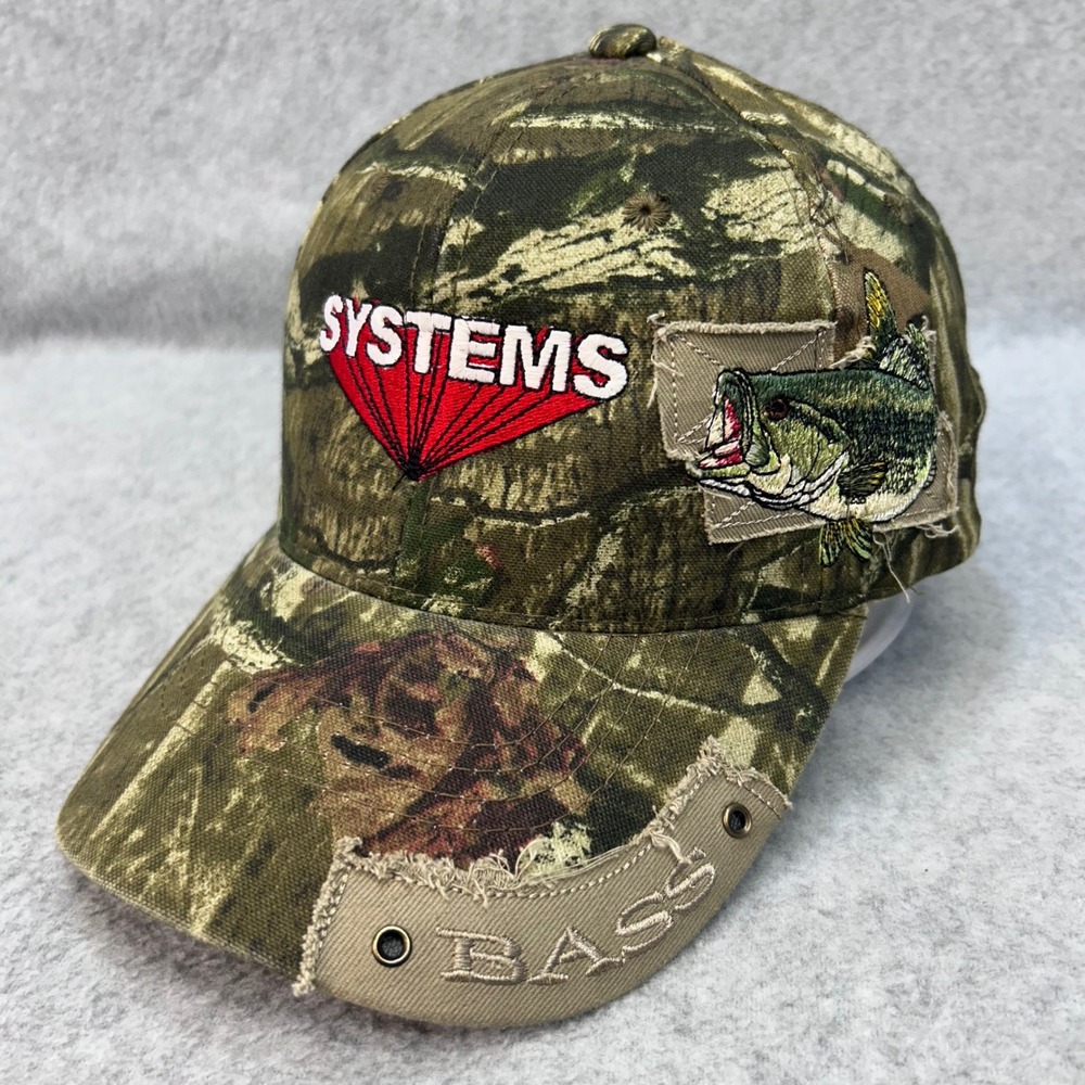 Systems‎ Bass Fish Mens Camo Mossy Oak Hat Distressed Adjustable OSFM